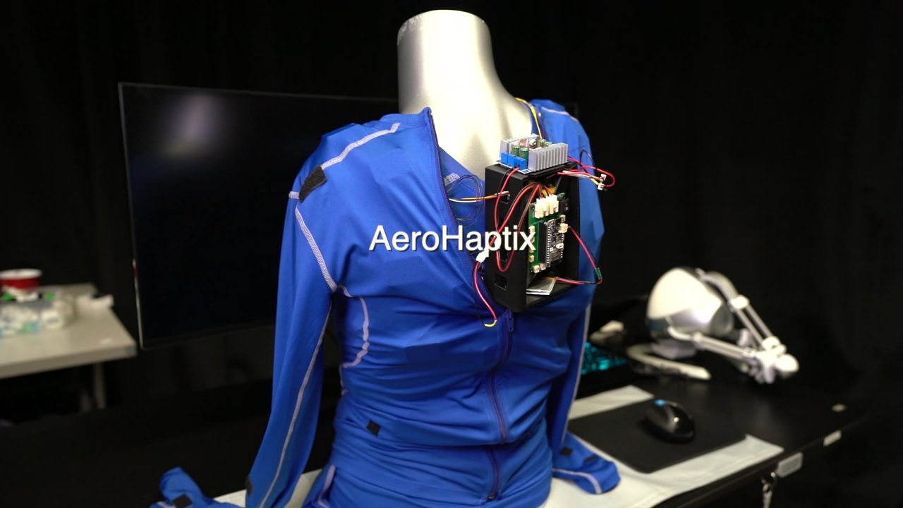 The AeroHaptix suit on a mannequin, front