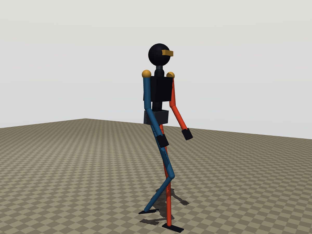 The humanoid in MuJoCo: feet on ankle hinges, six leg motors, trunk, neck and head with the depth camera as its eyes, two three-link arms (upper arm, forearm, hand) that swing with the opposite leg. 51 kg, 400 N·m motors.
