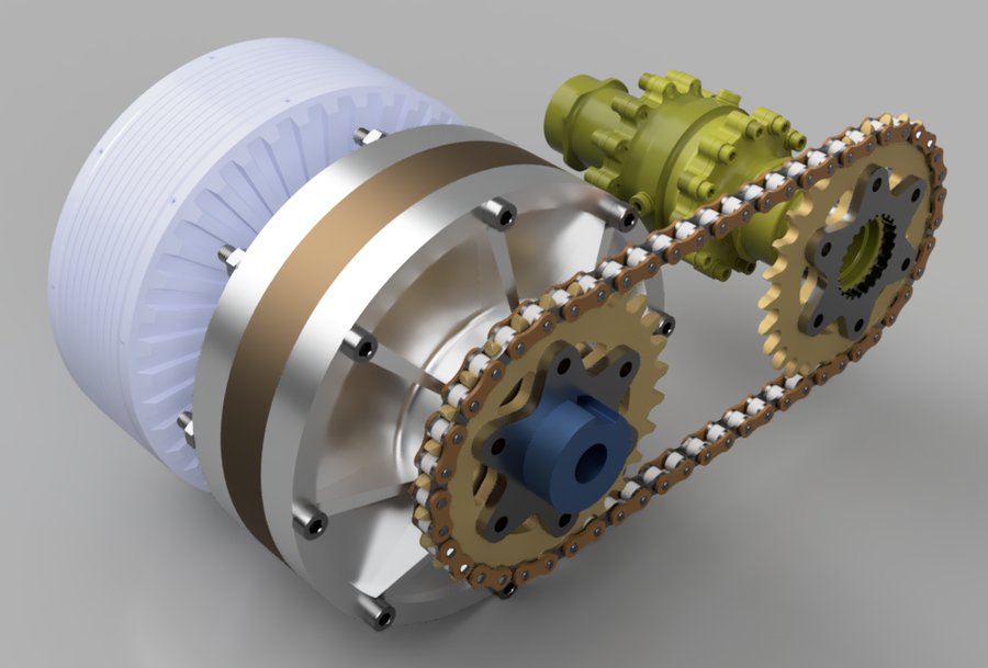 Render of the motor, planetary gearbox, chain and differential sprocket.