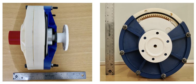 The printed gearbox from the side with a ruler for scale.