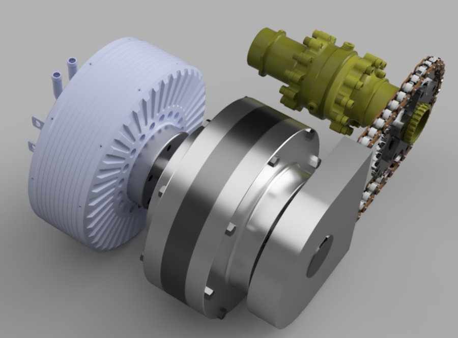 CAD render of the motor, gearbox and chain drive together.