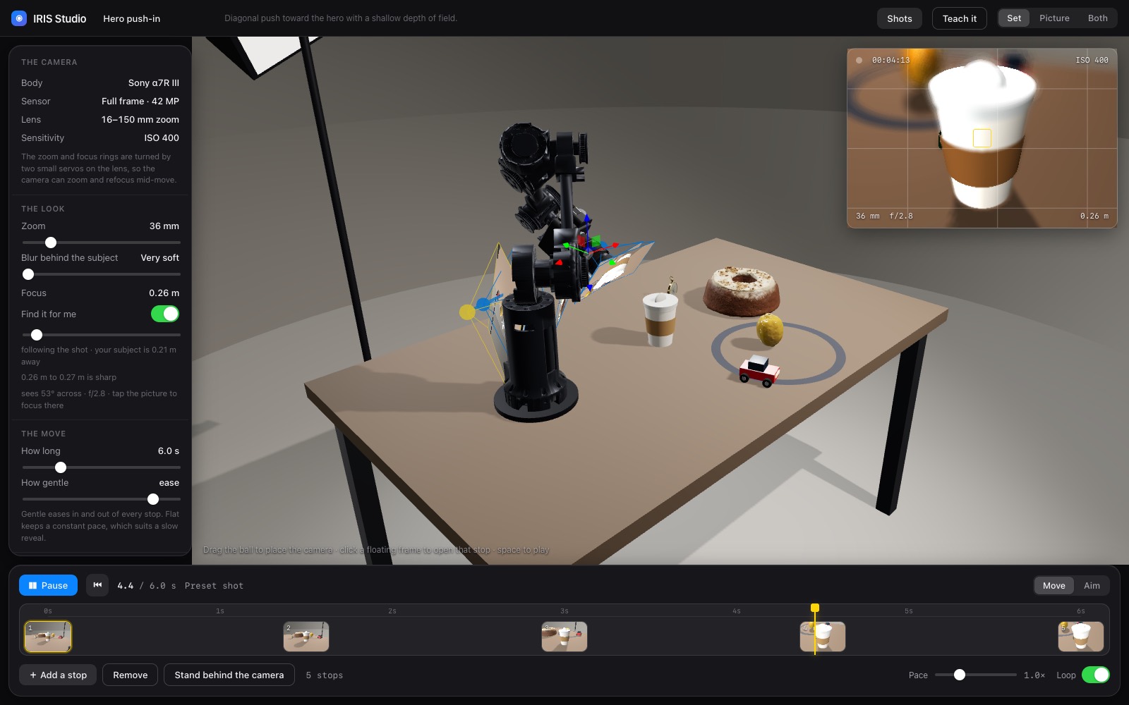 The IRIS arm on a studio desk in the browser simulator