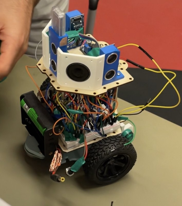 Photograph of the first robot, wires everywhere.