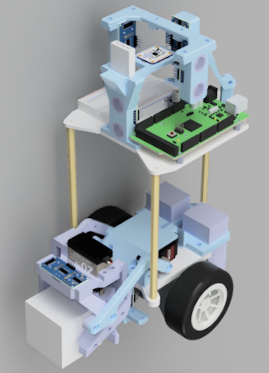 CAD render of the redesigned robot: taller, modular, wiring on the top deck.