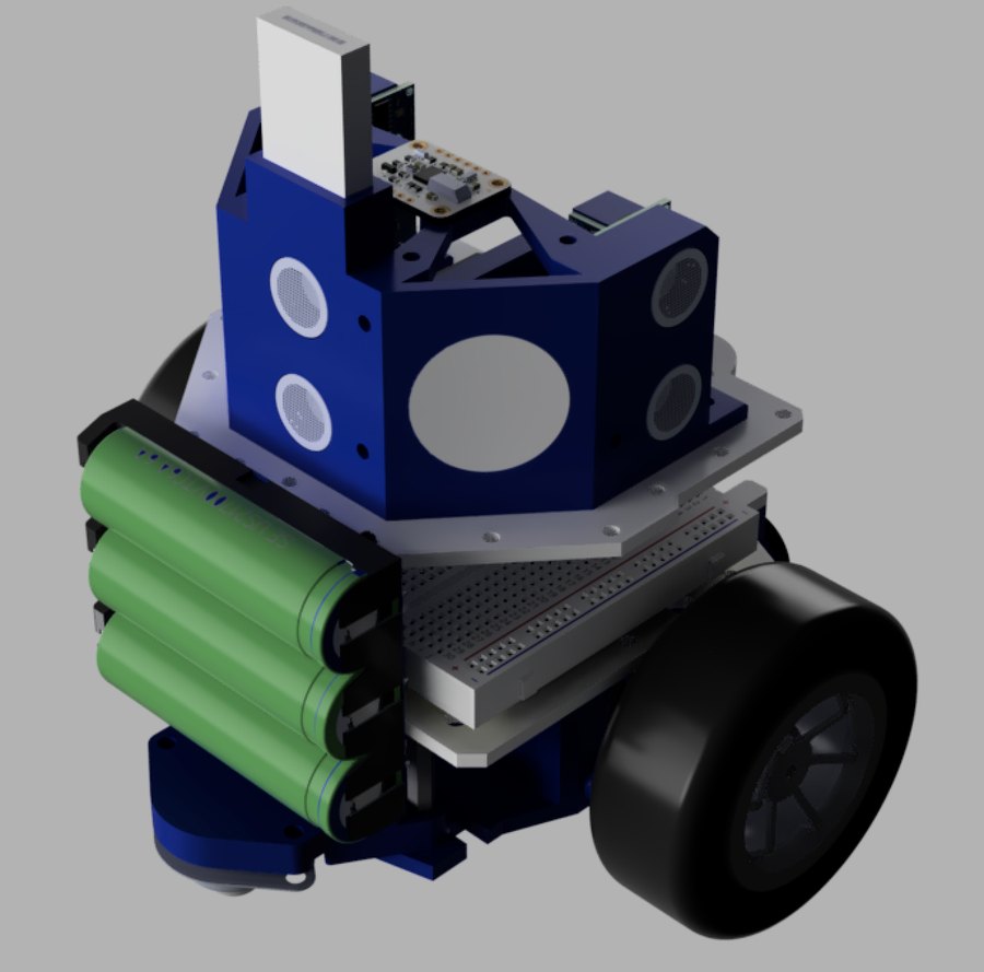 CAD render of the first robot: a compact blue stack with the battery as a structural member.