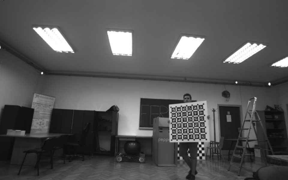 The AprilGrid calibration target held in front of the rig