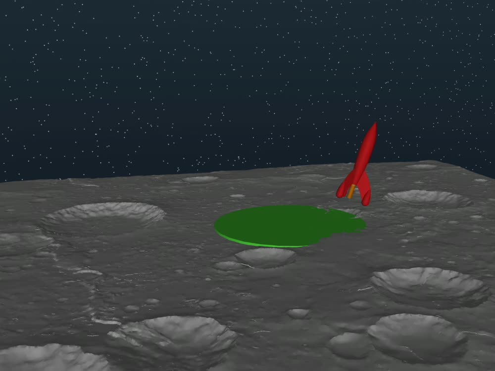 The RocketGym MuJoCo environment: lander, lunar terrain and the green target pad
