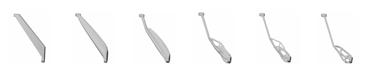 Six stages of a bracket losing material until only a truss is left