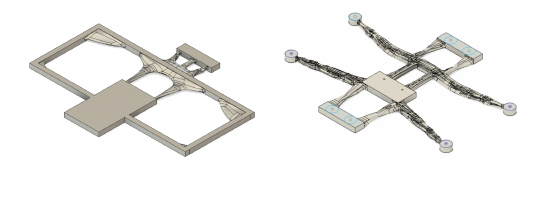 Two generated bottom plates: an over-constrained one that stayed almost solid and a minimally constrained one that became a slender cross