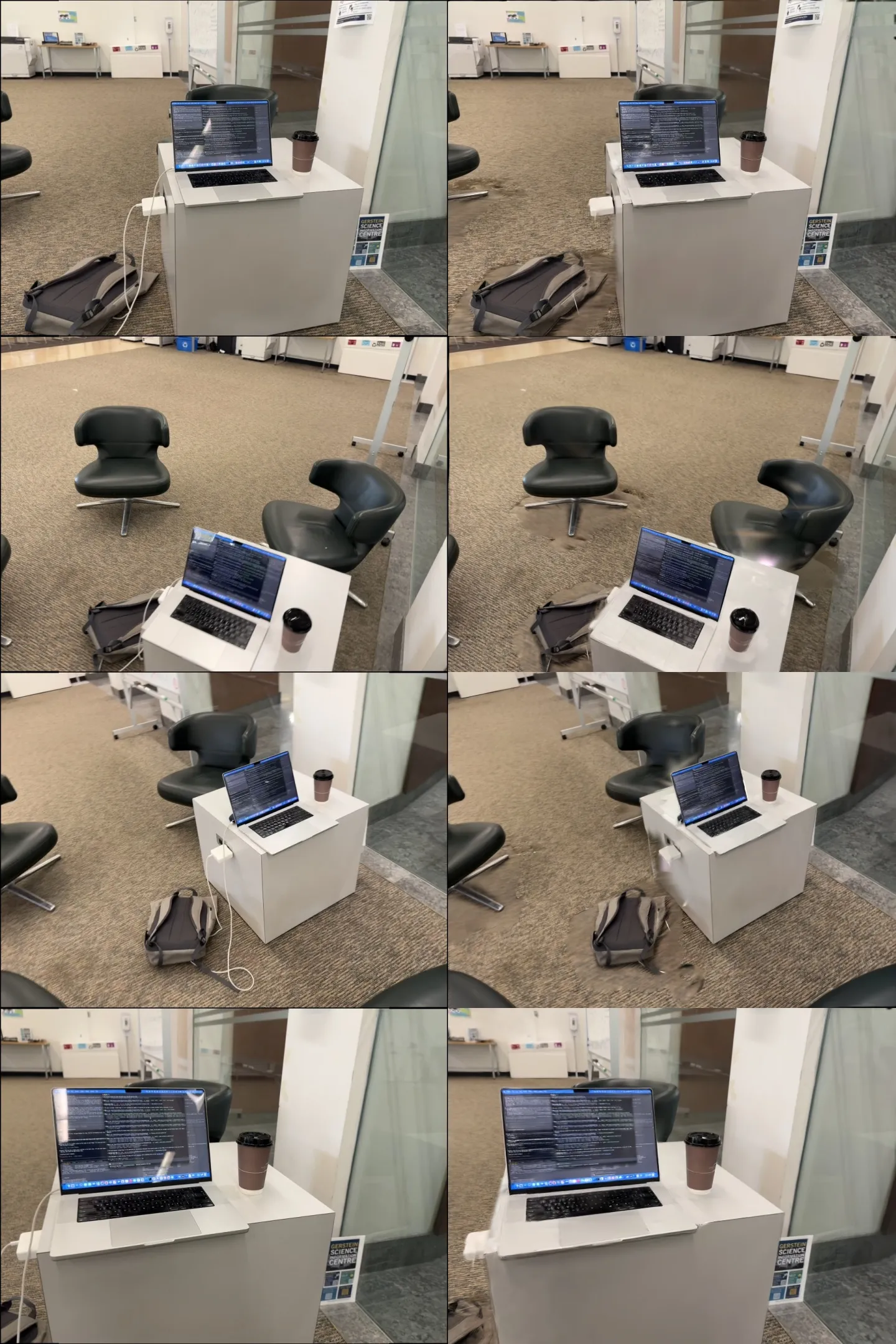 Original video frames next to the simulated scene rendered from the same cameras