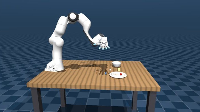 A Franka Panda arm with a dexterous hand above a table set with food and blocks
